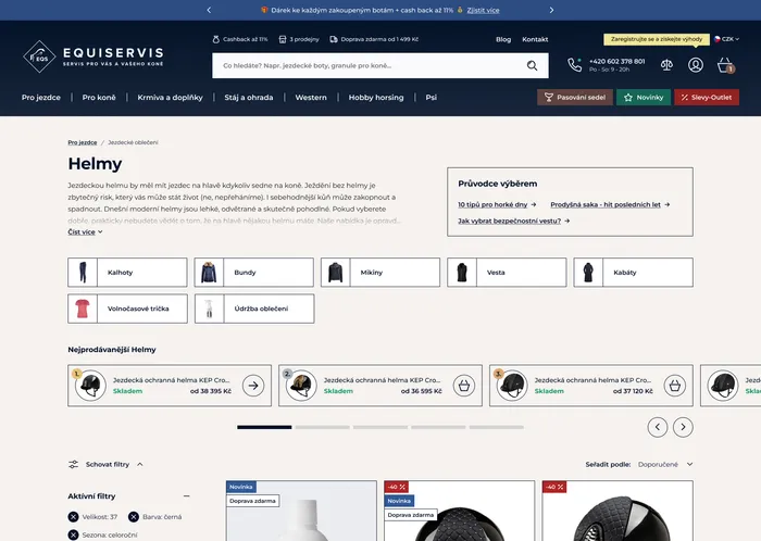 Equiservis listing page with filters open
