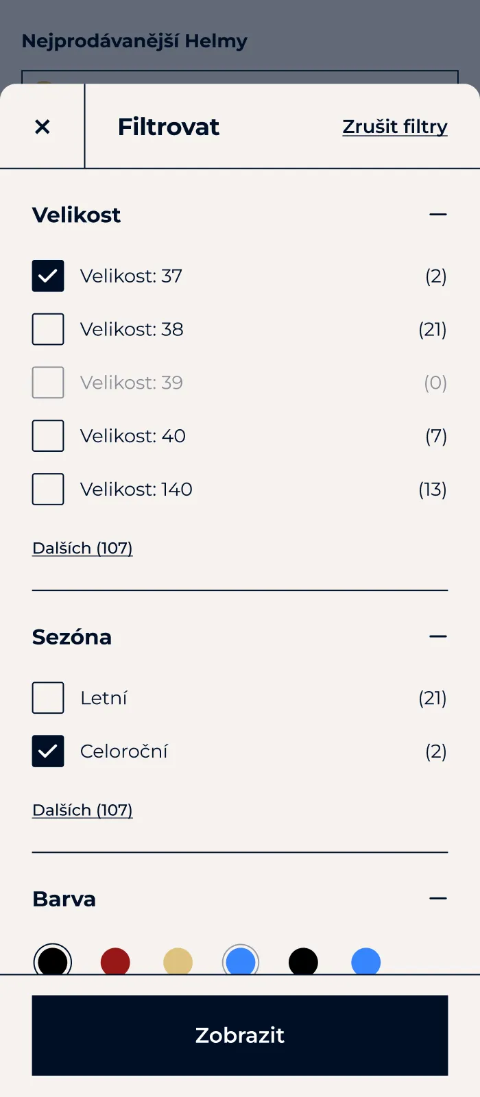 Mobilný listing s otvorenými filtrami