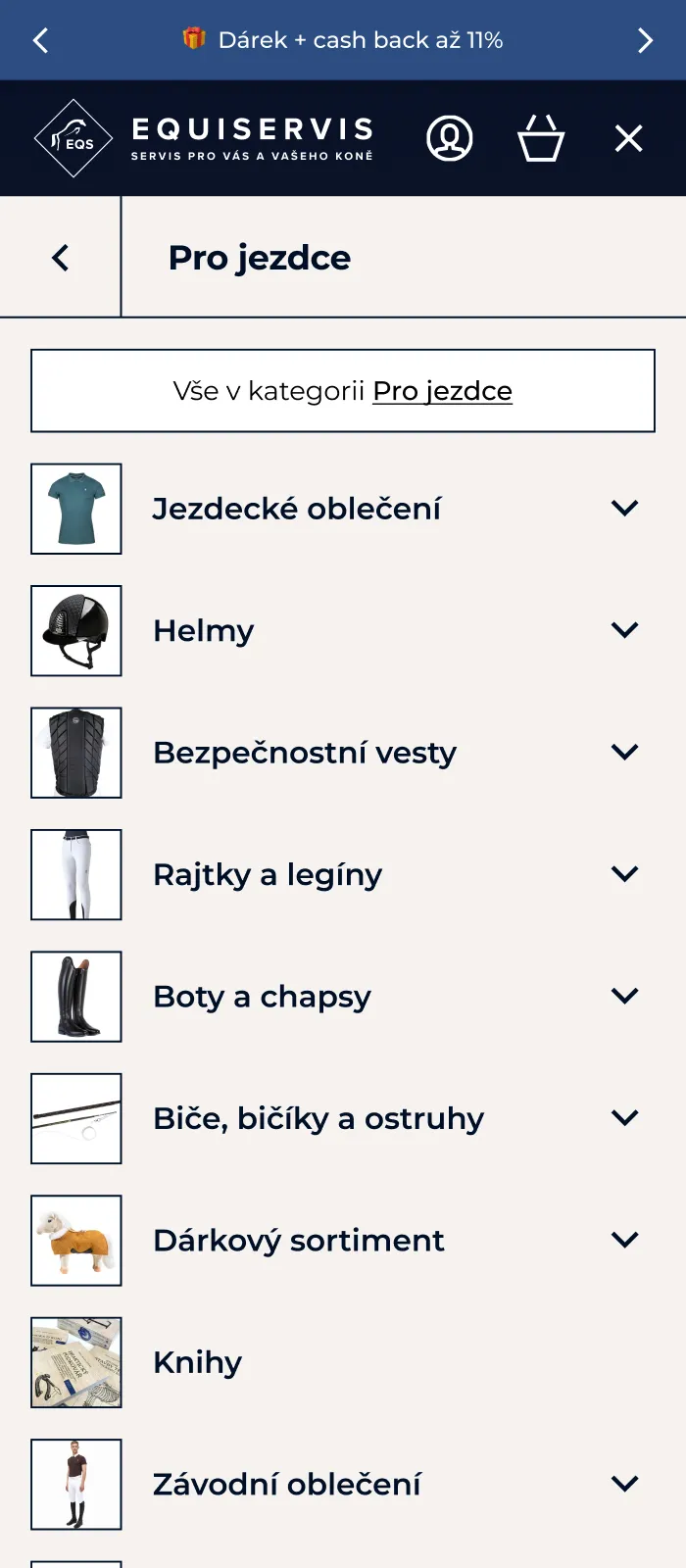 Mobilné menu s kategóriami