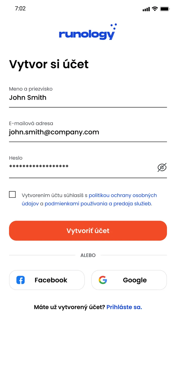 Runology sign-up screen